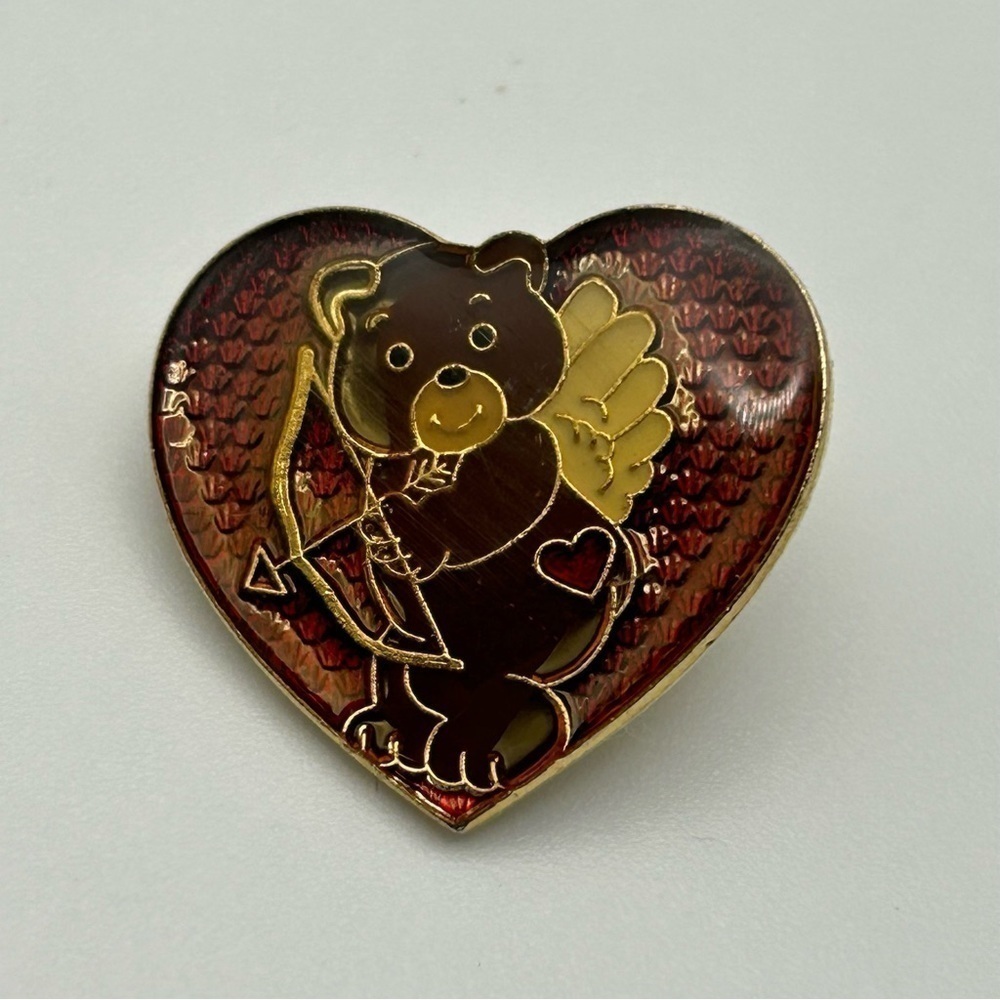 Small Brown Cupid Bear with Arrow and Angel Wings in Red Heart Shaped Enamel Pin